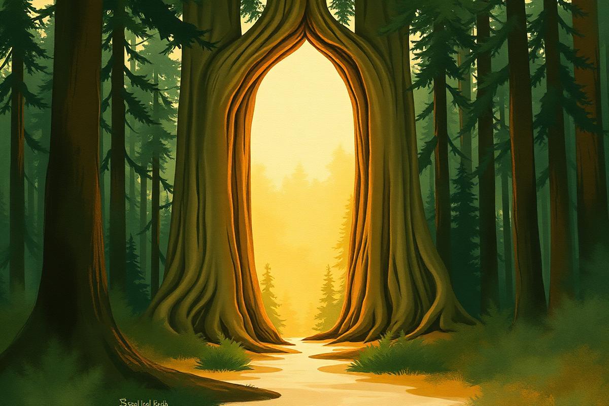 A doorway of golden light between two ancient trees