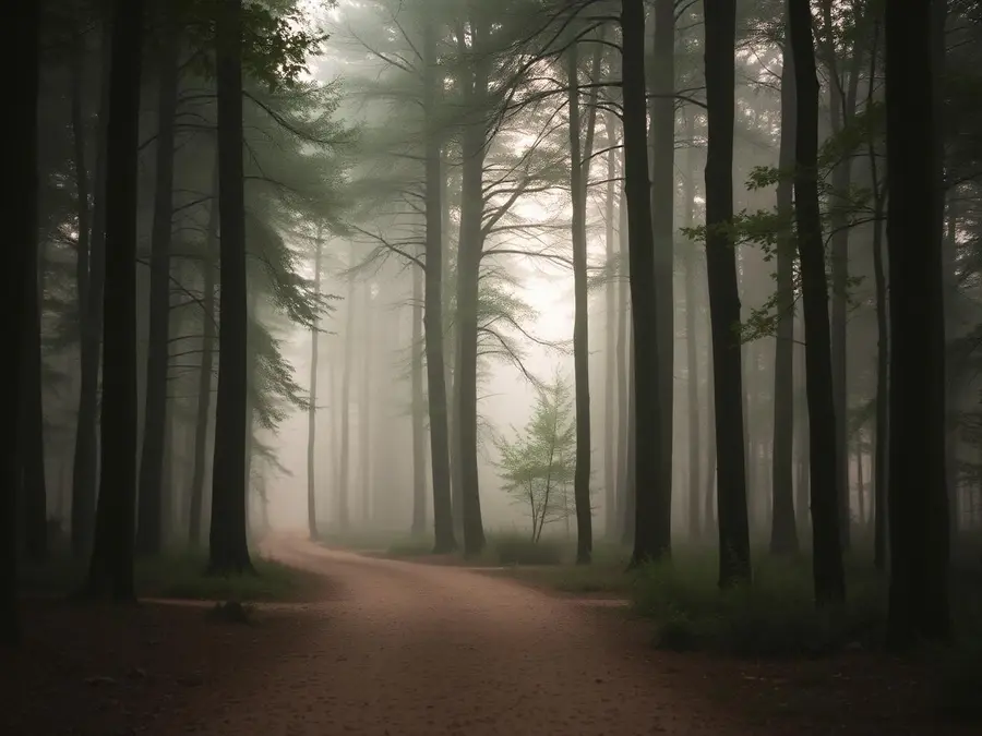 A quiet forest path disappearing into morning mist