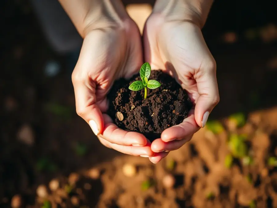Hands holding soil and a young green sprout