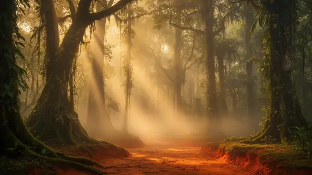 Misty rainforest at golden hour