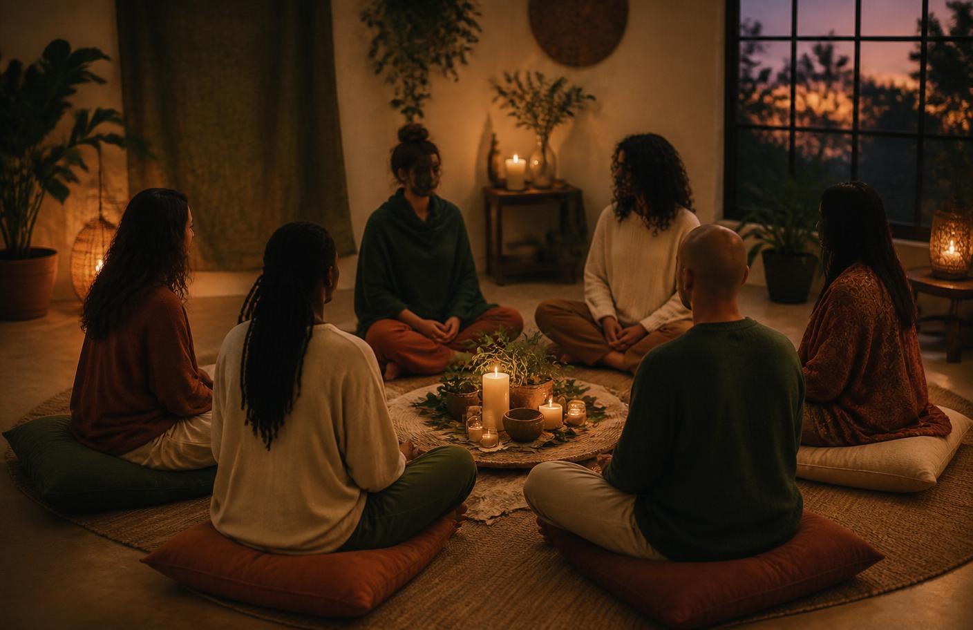 Six people sitting in an integration circle around a candle-lit altar with plants