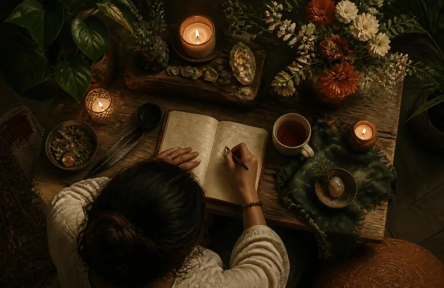 A journal open on a candlelit integration altar