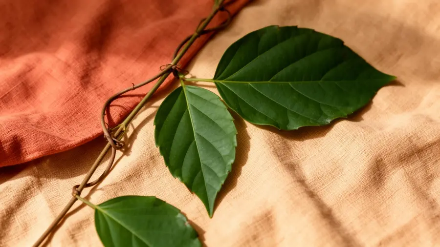 Green vine leaves resting on warm natural cloth