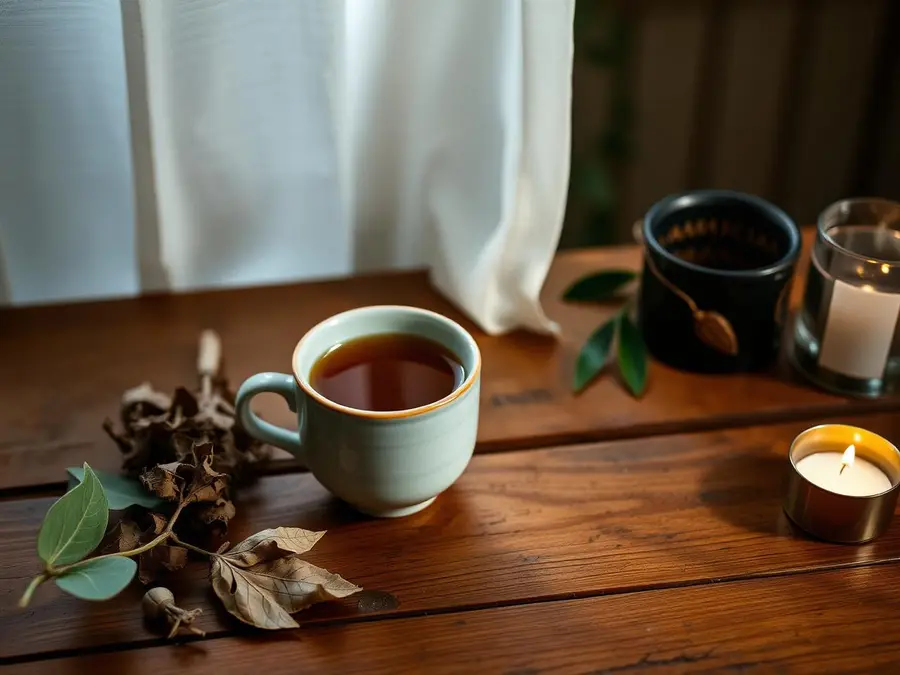A warm cup of tea beside candlelight and medicinal leaves