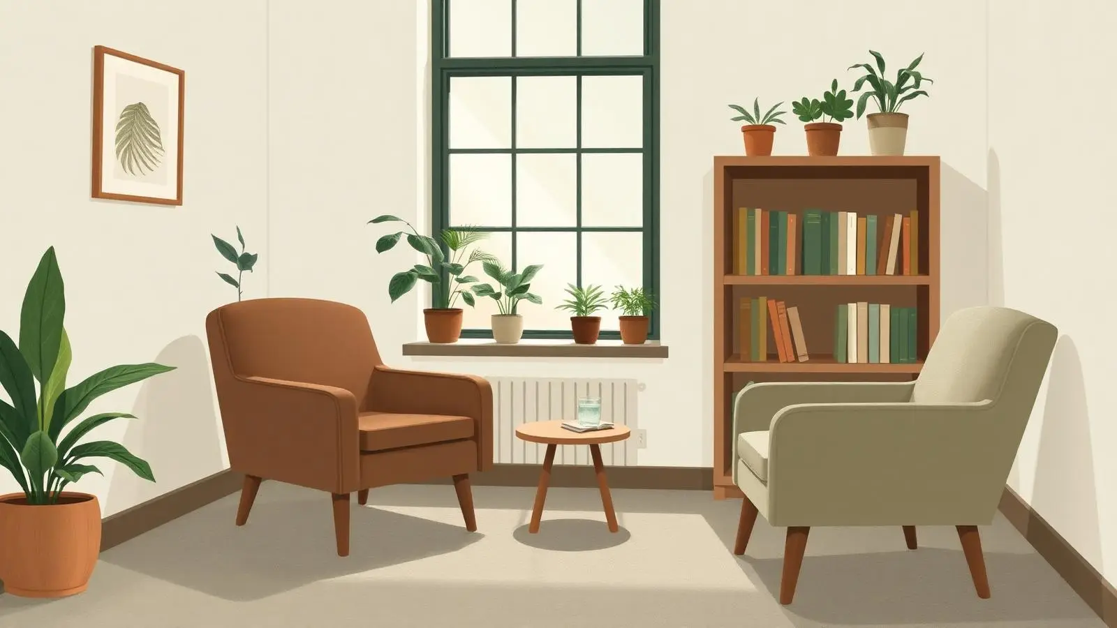 A calm therapy office with two armchairs, soft window light and plants