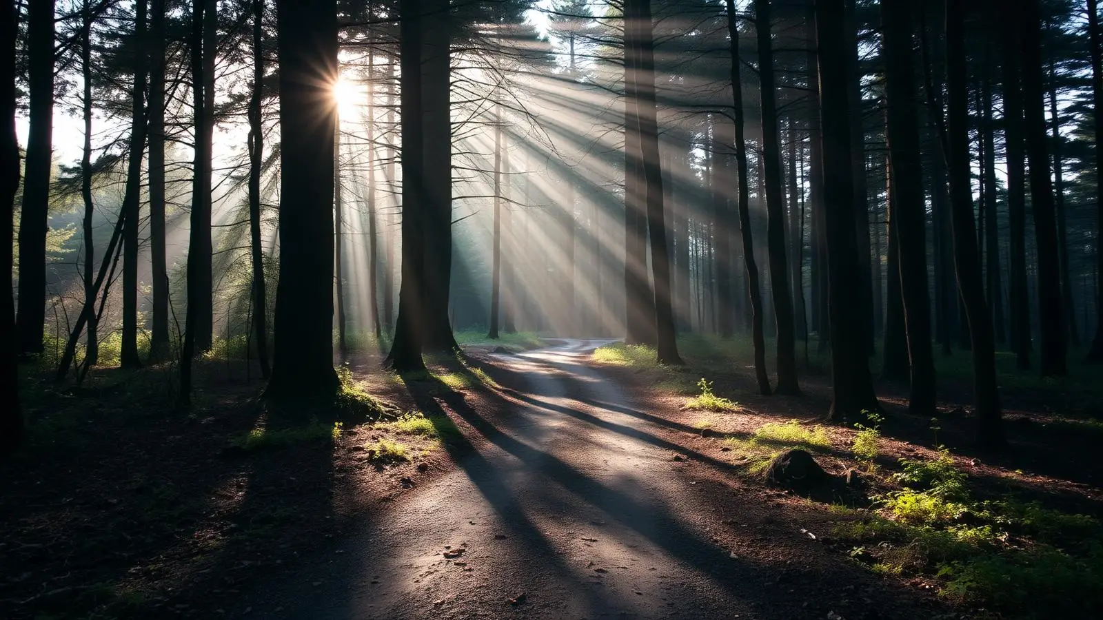 Two paths merging in a forest clearing with sunbeams — integration and therapy meeting